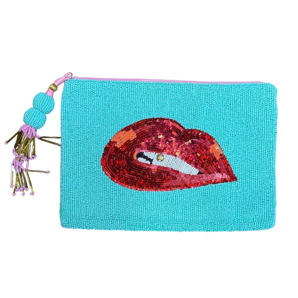 Ashley Longshore Beaded Vodka Lips Clutch Turquoise Sequin Statement Pouch